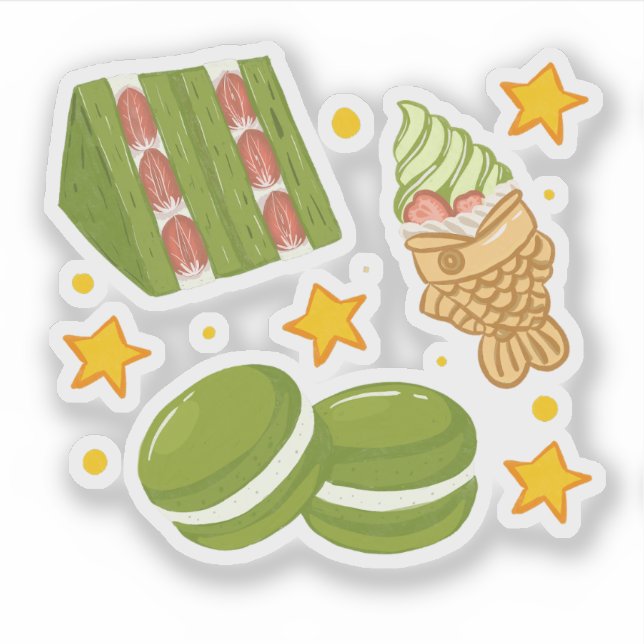 Cute Kawaii Hand-Drawn Matcha Sweets (Front)