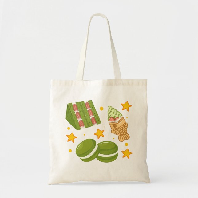 Cute Kawaii Hand-Drawn Matcha Sweets Tote Bag (Front)