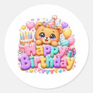 Cute Kawaii Happy Birthday Teddy Bear Pastel Pink Classic Round Sticker