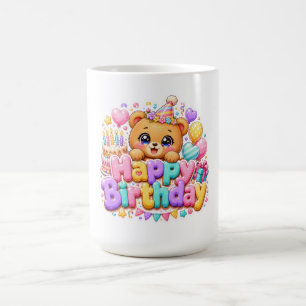 Cute Kawaii Happy Birthday Teddy Bear Pastel Pink  Coffee Mug