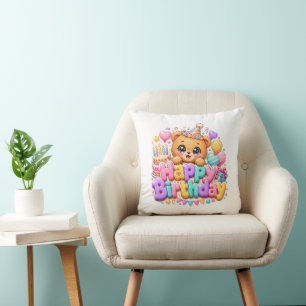 Cute Kawaii Happy Birthday Teddy Bear Pastel Pink Cushion