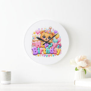 Cute Kawaii Happy Birthday Teddy Bear Pastel Pink  Large Clock