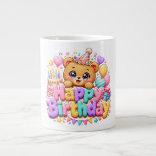 Cute Kawaii Happy Birthday Teddy Bear Pastel Pink  Large Coffee Mug
