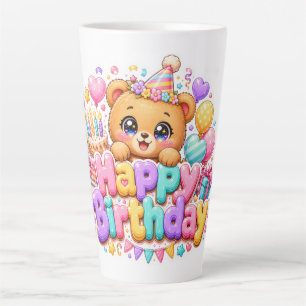 Cute Kawaii Happy Birthday Teddy Bear Pastel Pink  Latte Mug