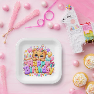 Cute Kawaii Happy Birthday Teddy Bear Pastel Pink Paper Plate