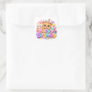 Cute Kawaii Happy Birthday Teddy Bear Pastel Pink Square Sticker