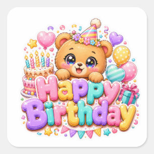 Cute Kawaii Happy Birthday Teddy Bear Pastel Pink Square Sticker