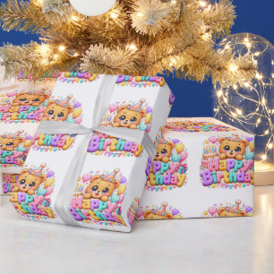 Cute Kawaii Happy Birthday Teddy Bear Pastel Pink  Wrapping Paper