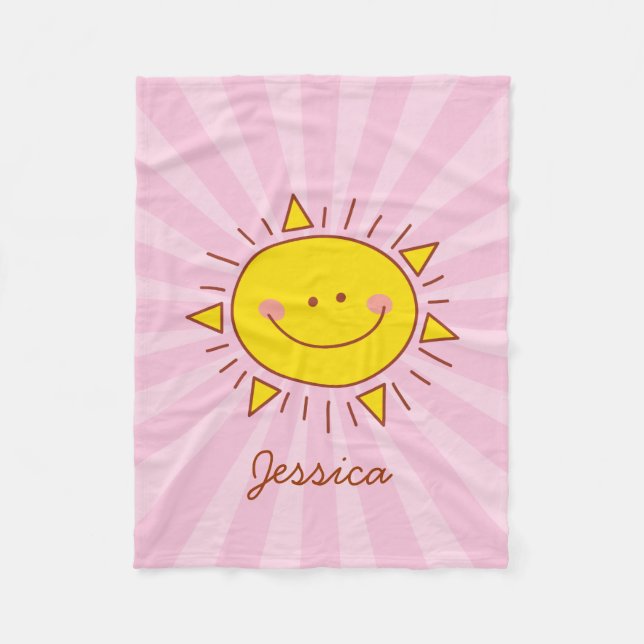 Cute Kawaii Happy Little Sunshine Doodle Kids Pink Fleece Blanket (Front)