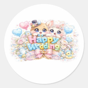 Cute Kawaii Happy Wedding Couple Animals Pastel Pi Classic Round Sticker