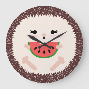 Cute Kawaii Hedgehog Eating Watermelon Large Clock