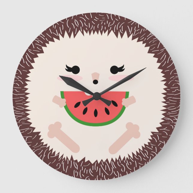 Cute Kawaii Hedgehog Eating Watermelon Large Clock (Front)