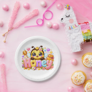 Cute Kawaii Honey Bee Name Pastel Pink Sparkling B Paper Plate
