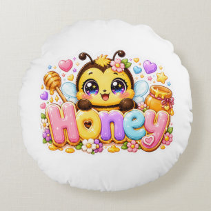 Cute Kawaii Honey Bee Name Pastel Pink Sparkling B Round Cushion