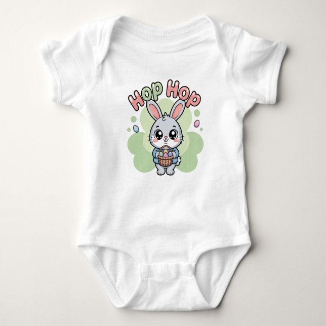 Cute Kawaii Hop Hop Bunny Illustration Baby Bodysuit (Front)