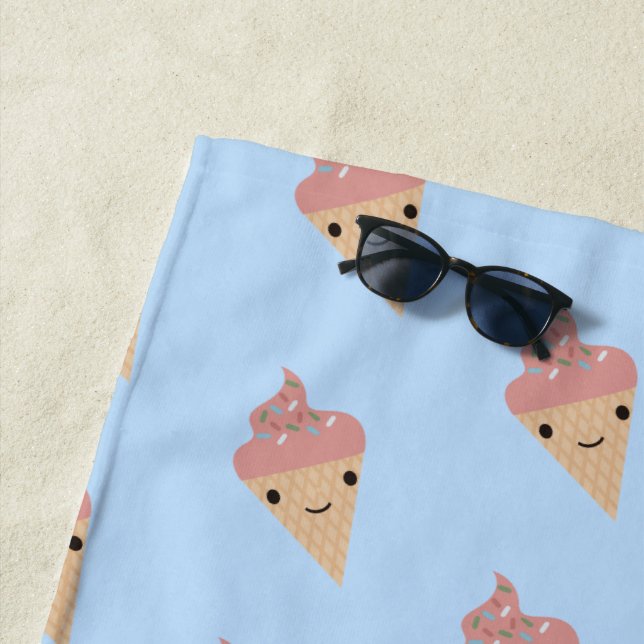 Cute Kawaii Ice Cream Cone Pattern Beach Towel (In Situ)