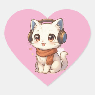 Cute Kawaii Kitten Headphone Sticker in Pink Hear