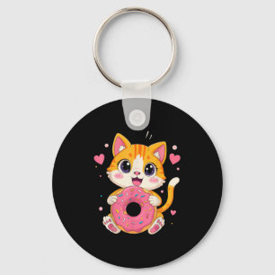 Cute Kawaii Kitten Holding Doughnut Funny Graphic Key Ring