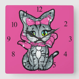 Cute Kawaii Kitten with a Glitter Pink Background Square Wall Clock