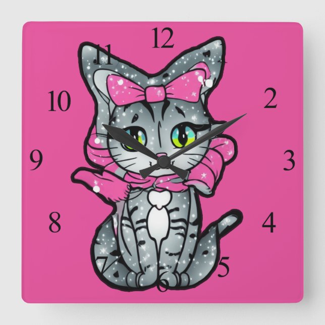 Cute Kawaii Kitten with a Glitter Pink Background Square Wall Clock (Front)