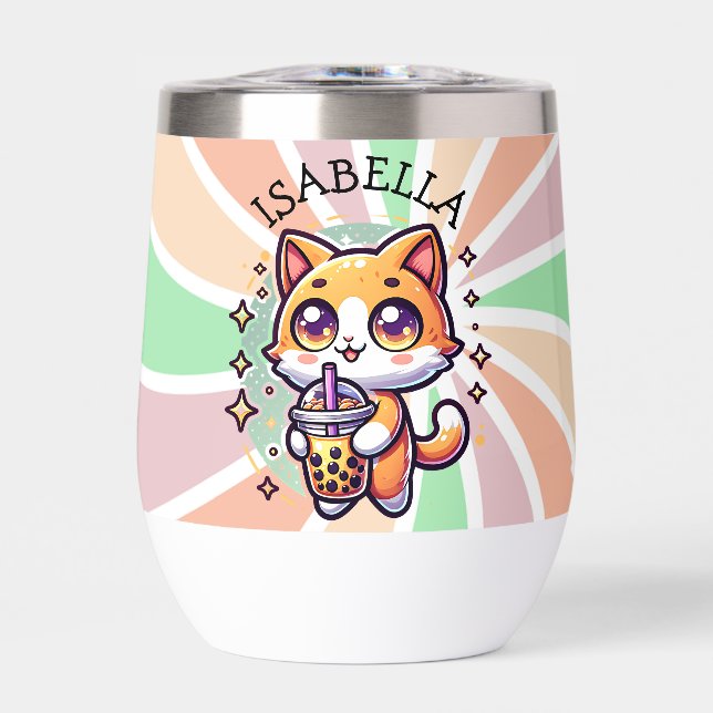 Cute Kawaii Kitten with Bubble Tea Personalised (Front)