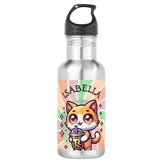 Cute Kawaii Kitten with Bubble Tea Personalised 710 Ml Water Bottle (Front)