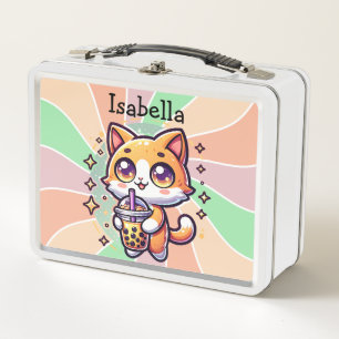 Cute Kawaii Kitten with Bubble Tea Personalised Metal Lunch Box