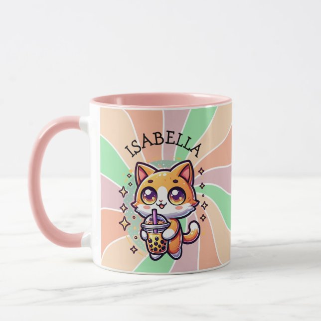 Cute Kawaii Kitten with Bubble Tea Personalised Mug (Left)