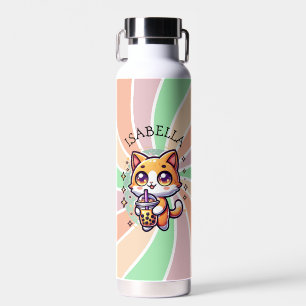 Cute Kawaii Kitten with Bubble Tea Personalised Water Bottle