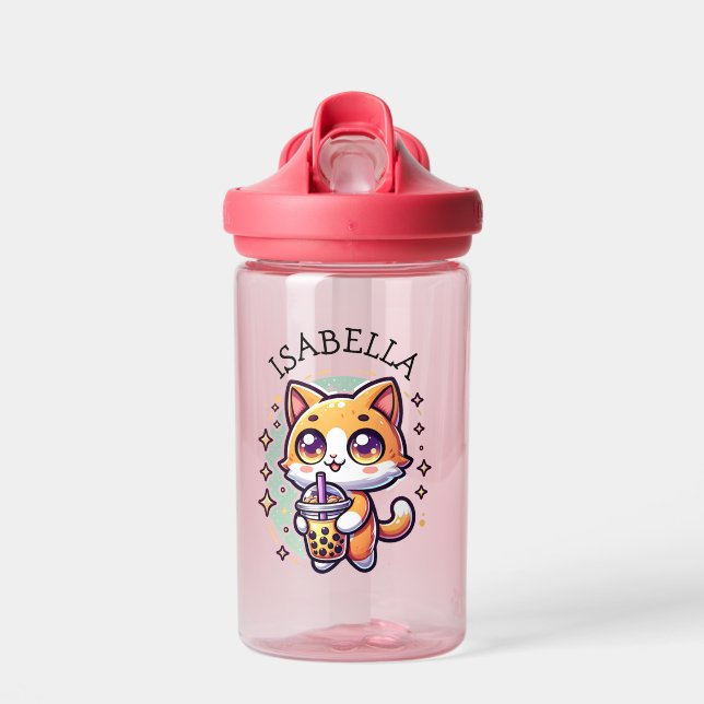 Cute Kawaii Kitten with Bubble Tea Personalised Water Bottle (Front)