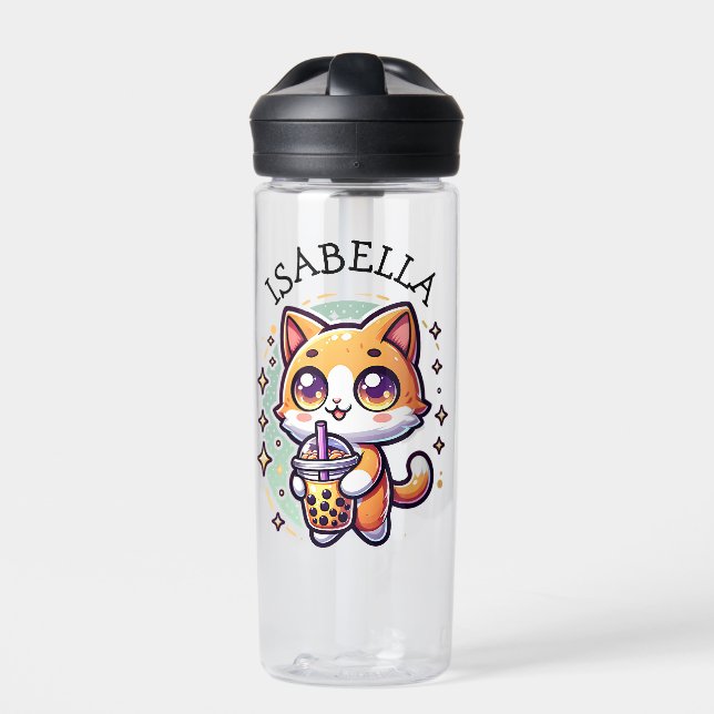 Cute Kawaii Kitten with Bubble Tea Personalised Water Bottle (Front)