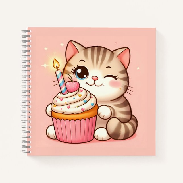 Cute Kawaii kitten with Cupcake Notebook (Front)