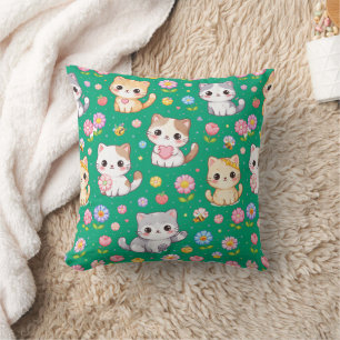 Cute Kawaii Kittens and Pastel Flowers Cushion