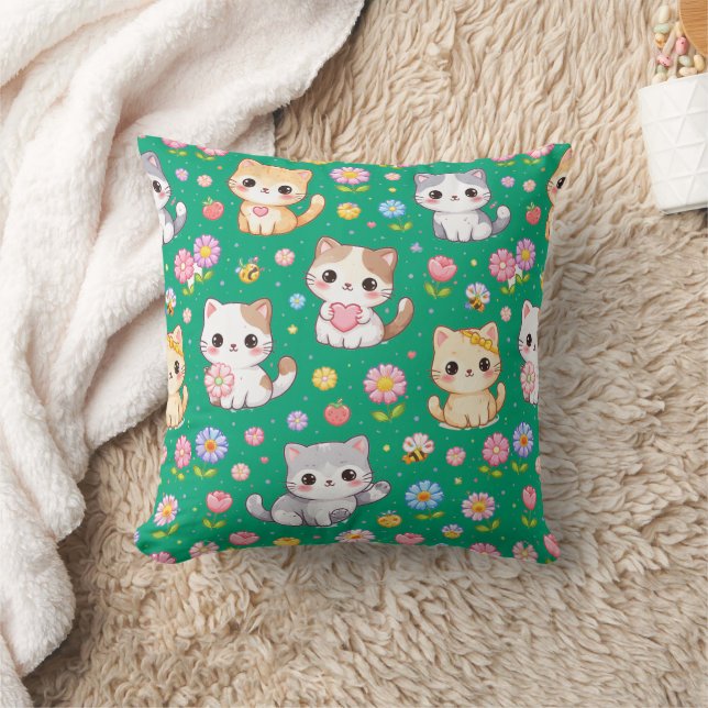 Cute Kawaii Kittens and Pastel Flowers Cushion (Blanket)