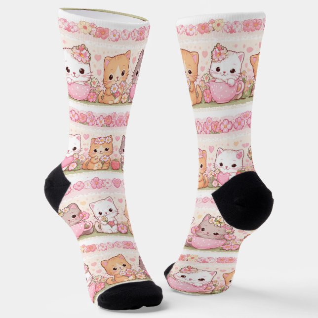 Cute Kawaii Kittens Pastel Floral Socks (Angled)