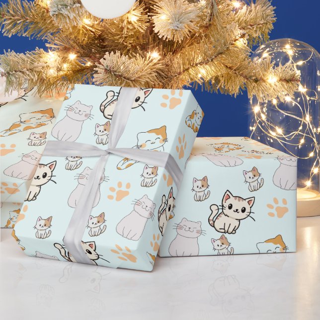 Cute Kawaii Kittens & Paws Pattern Wrapping paper  (Holidays)