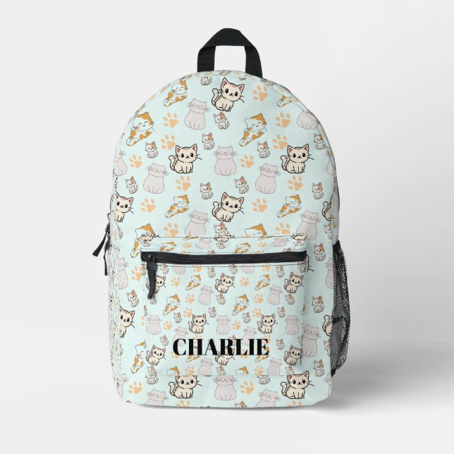 Cute Kawaii Kittens & Paws Personalised Backpack (Front)