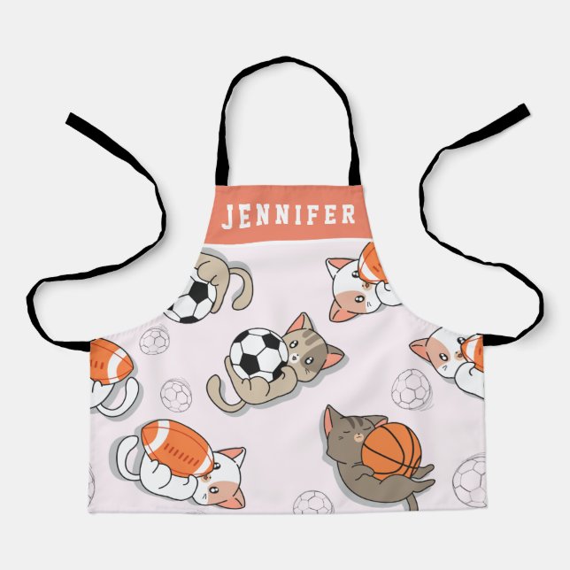 Cute Kawaii Kittens & Sports Balls Girls Name Kids Apron (Front)