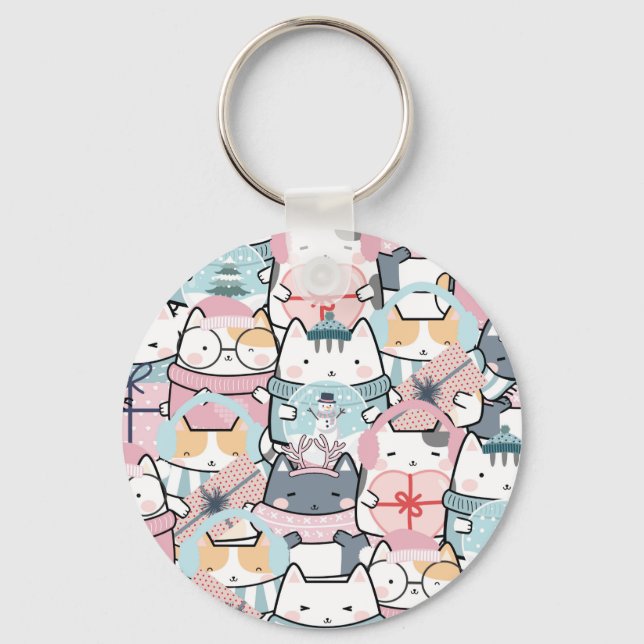 Cute Kawaii Kitties in Winter And Snowglobe Key Ring (Front)