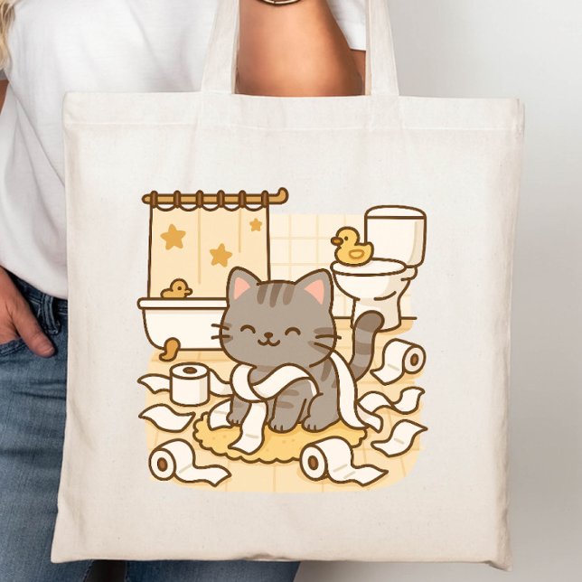 Cute Kawaii Kitty Cat Playing with Toilet Rolls Tote Bag (Creator Uploaded)