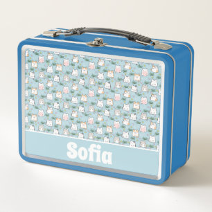 Cute kawaii kitty pattern azure blue name metal lunch box