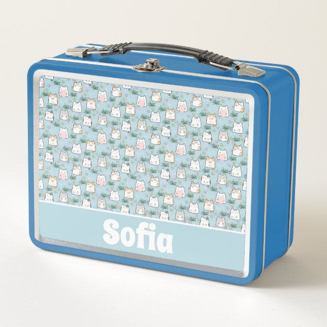 Cute kawaii kitty pattern azure blue name metal lunch box (Front)