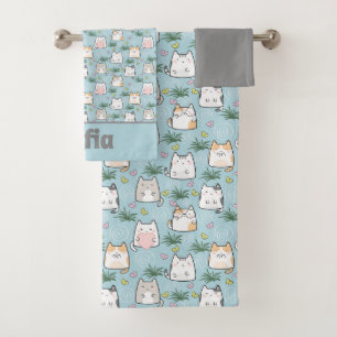 Cute kawaii kitty pattern grey blue name bath towel set
