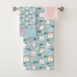 Cute kawaii kitty pattern pink blue name bath towel set