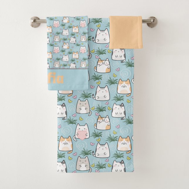 Cute kawaii kitty pattern yellow blue name bath towel set (Insitu)