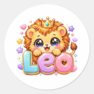 Cute Kawaii Leo Lion Name Pastel Pink Crown Sparkl Classic Round Sticker
