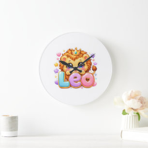 Cute Kawaii Leo Lion Name Pastel Pink Crown Sparkl Large Clock