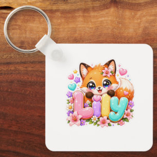 Cute Kawaii Lily Fox Name Pastel Pink Floral Woodl Key Ring
