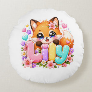 Cute Kawaii Lily Fox Name Pastel Pink Floral Woodl Round Cushion