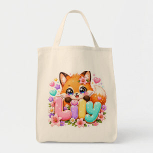 Cute Kawaii Lily Fox Name Pastel Pink Floral Woodl Tote Bag